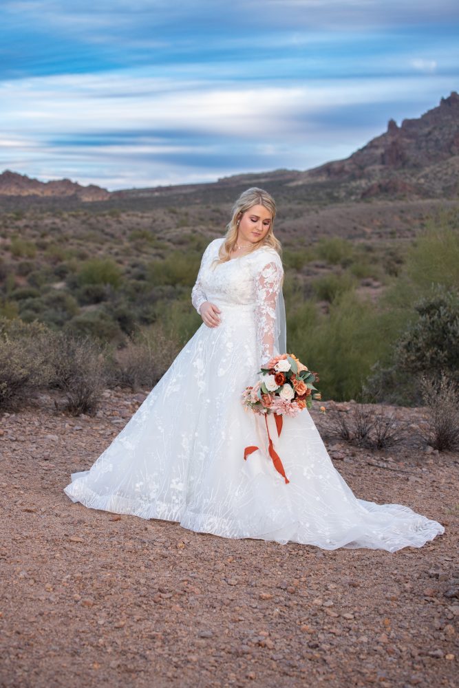 Gilbert Temple bride. Bridal photos in desert before wedding day.