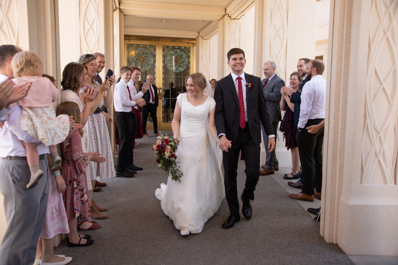 Smiling bride and groom at the Gilbert AZ Temple