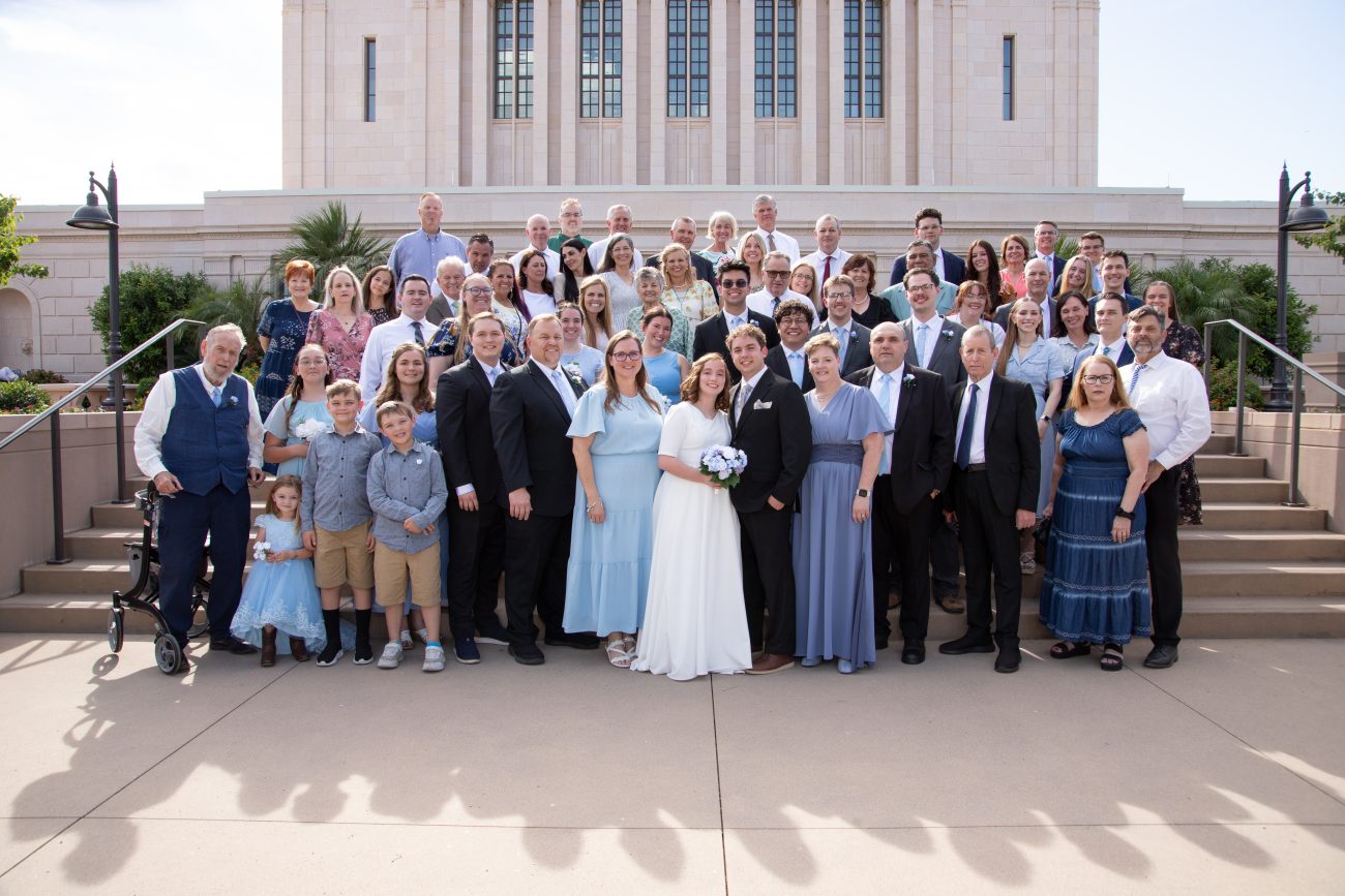 Mesa Temple Wedding Family Photo on the temple steps