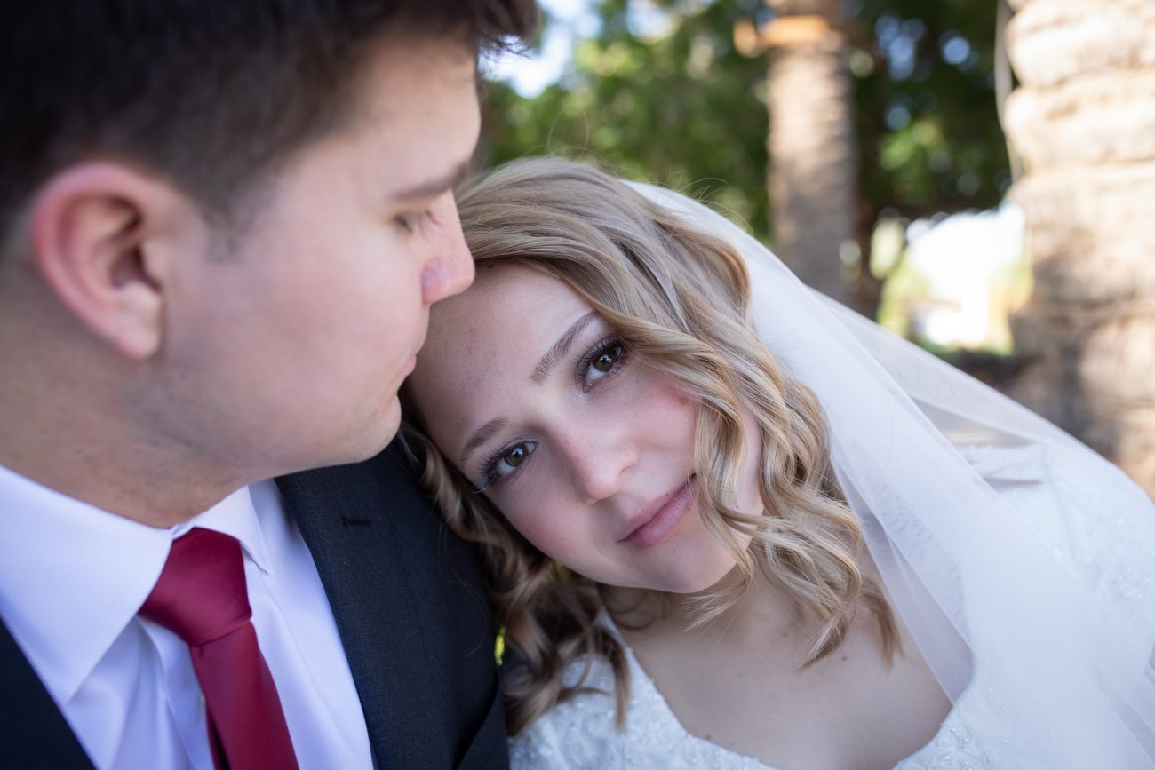 Bride looking at camera at Gilbert Temple