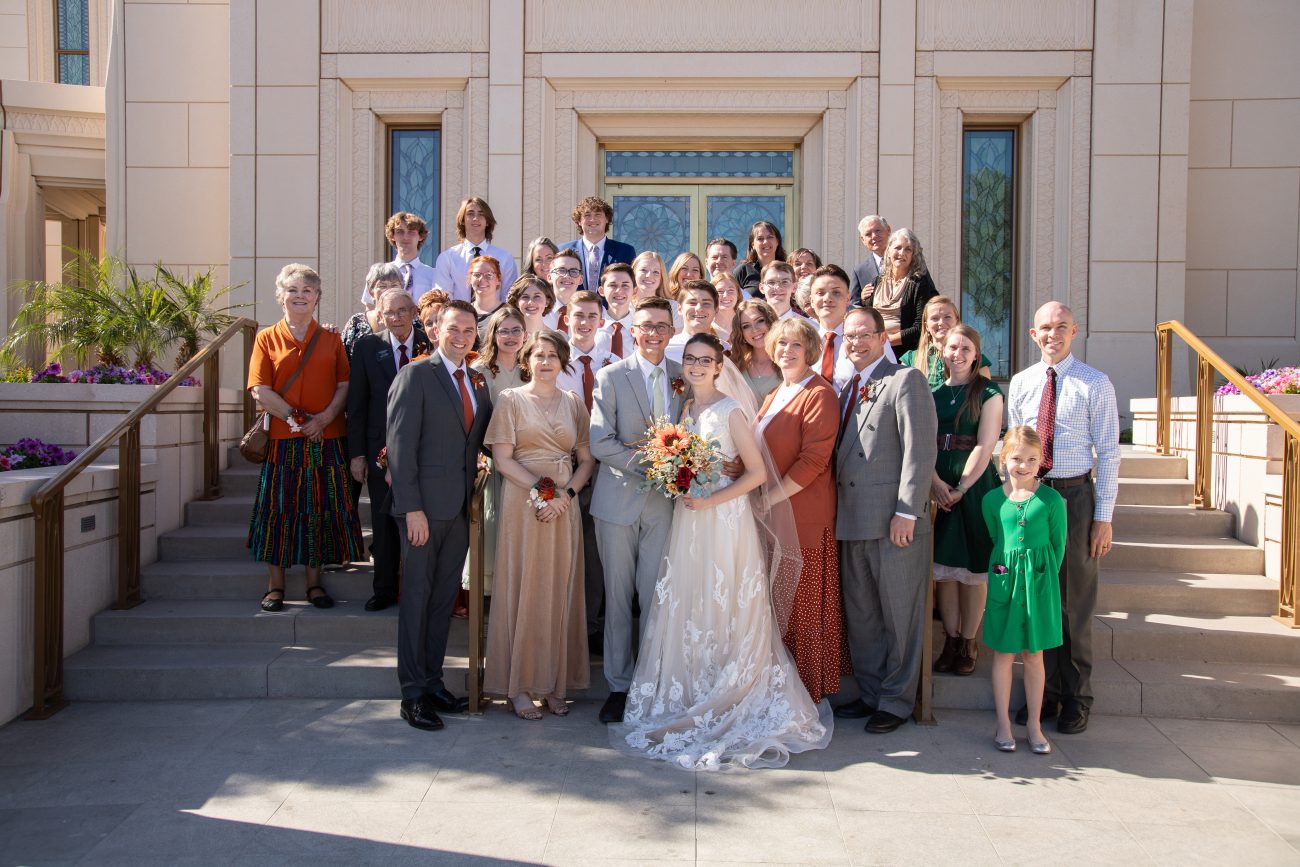 Gilbert Arizona Temple Family photo after the wedding on the temple steps.