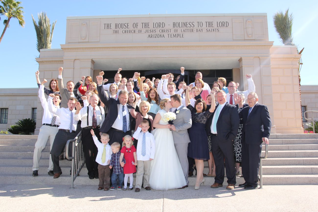 Family photo on the Mesa Arizona Temple steps after the wedding.