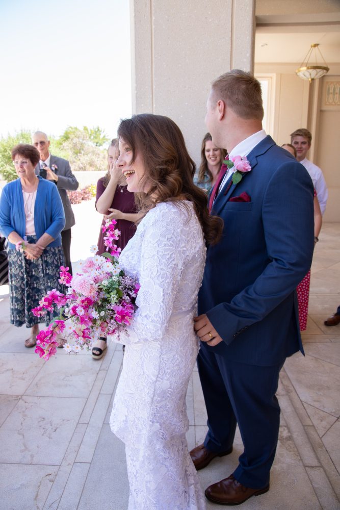 Bride and groom greet family after the sealing at the Phoenix Arizona
Temple.