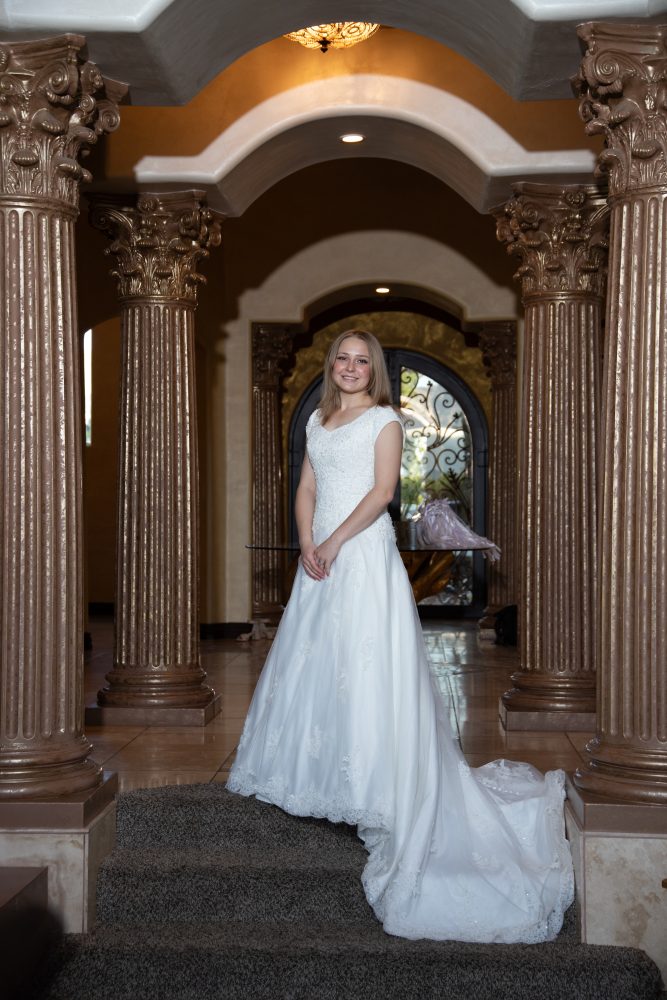 Bride posing at her LDS reception after her Gilbert Temple Wedding.