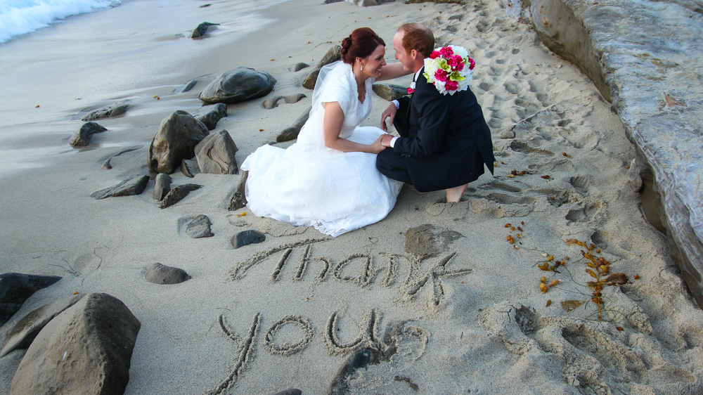 Bride and groom at the beach. San Diego Temple Wedding